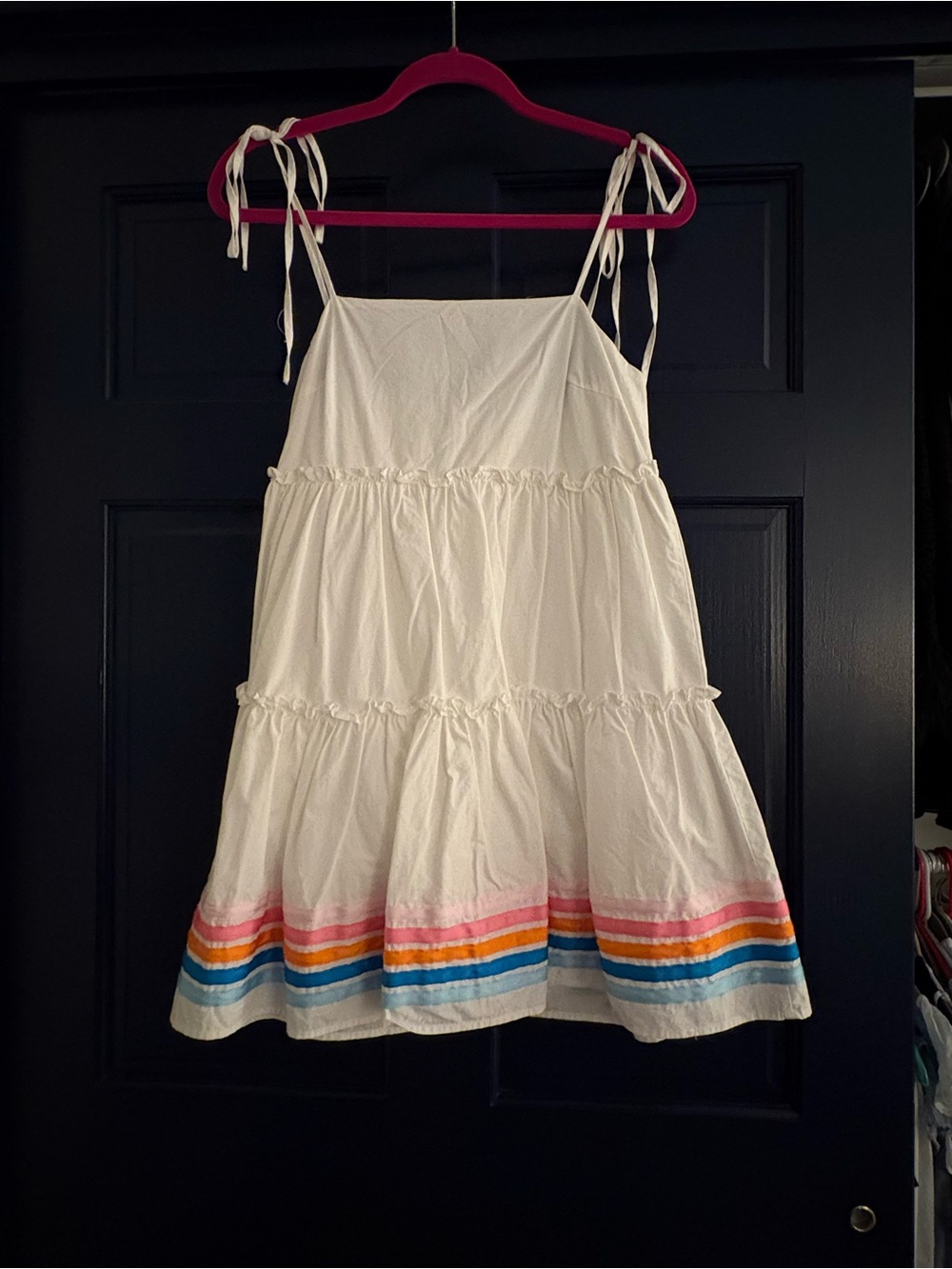 Main Strip White Tiered Mini Dress with Rainbow Hem